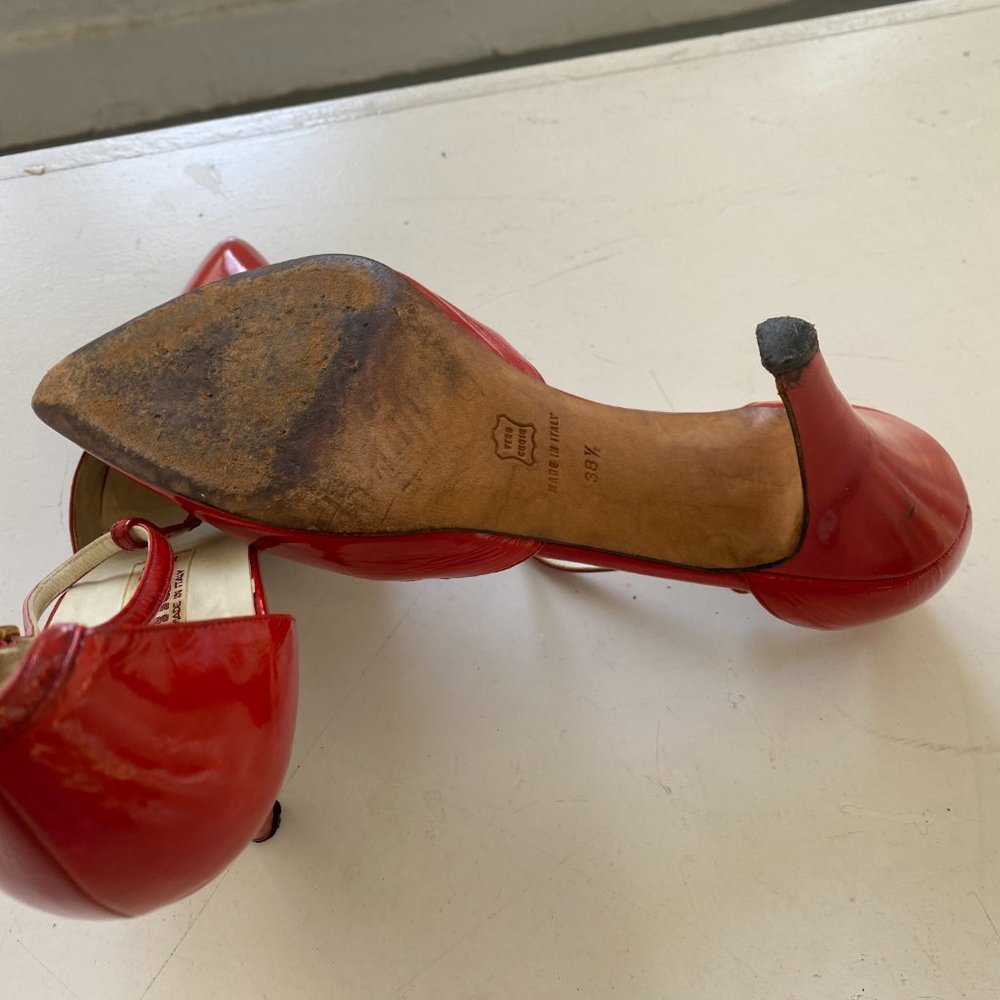 ALAIA TWO-STRAPS HIGH HEEL SANDALS IN CHERRY RED PATENT LAMBSKIN
